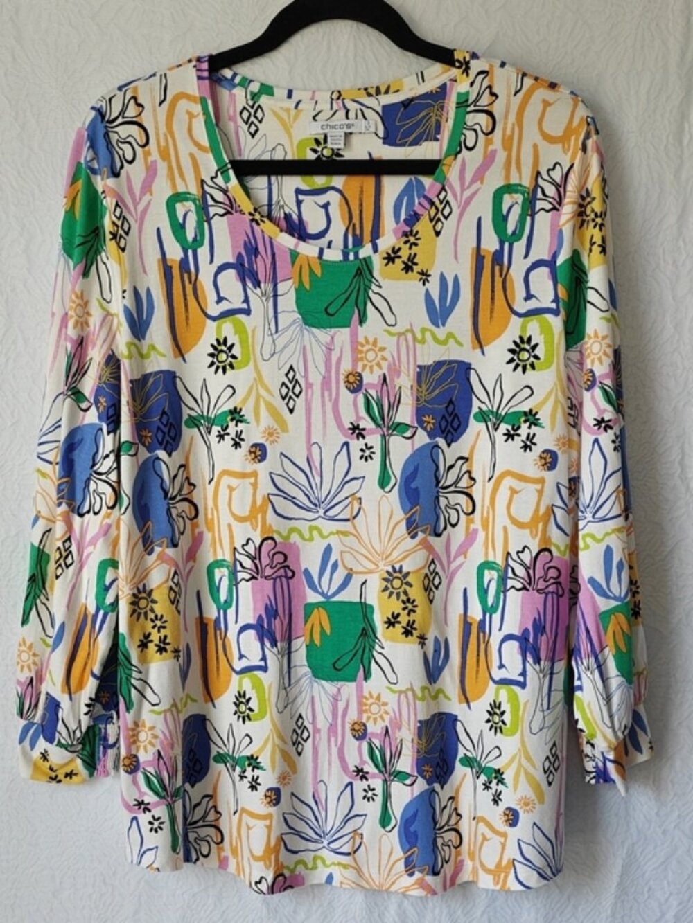 CHICO's Touch of Cool Surreal Smock Sleeve Tee Botanical Print Size 3 US XL